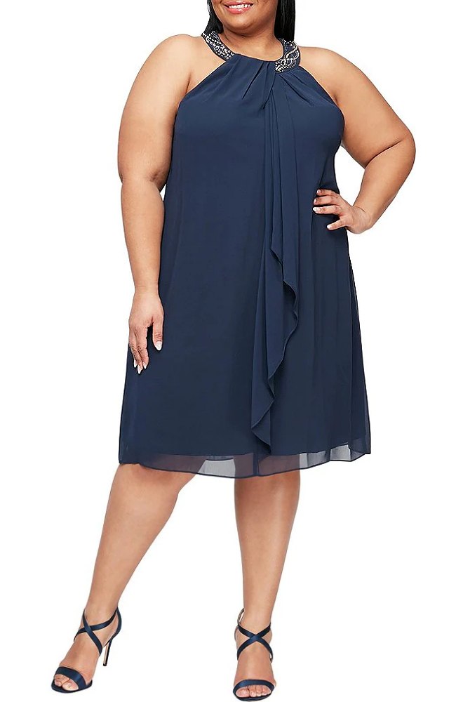 sachin and babi light blue dress Halter Braid Bead Neck Chiffon Dress 16W / Steel Grey