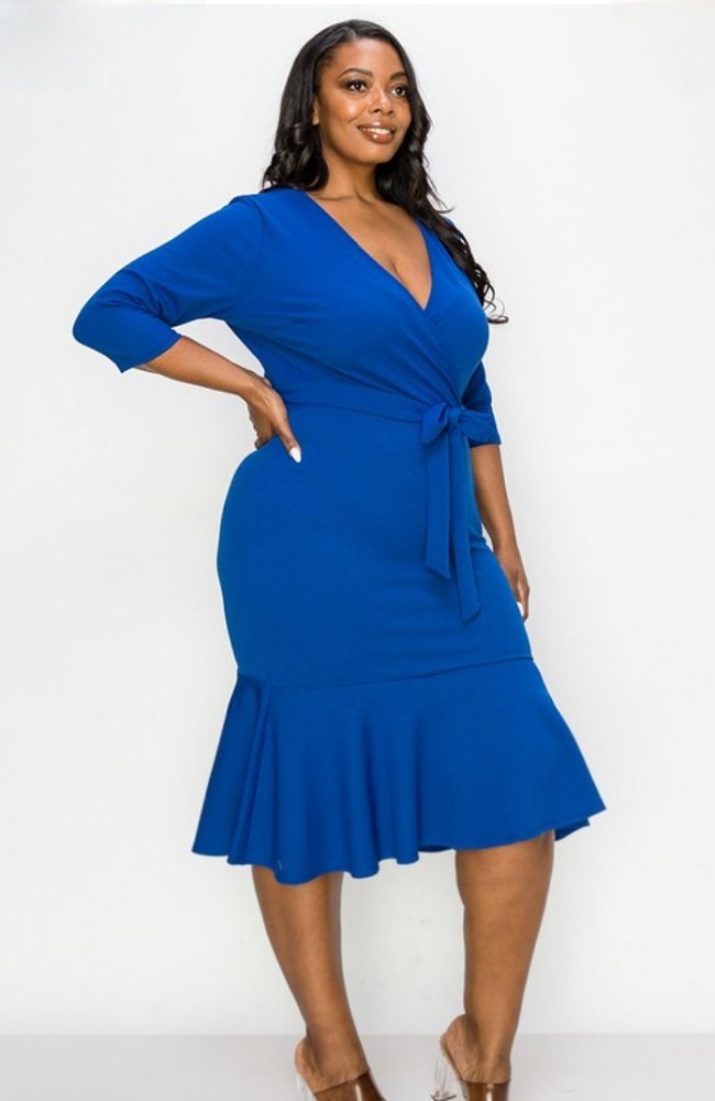 Belted Ruffle Bottom Dress 3X / Royal Blue Belted Ruffle Bottom Dress 3X / Royal Blue