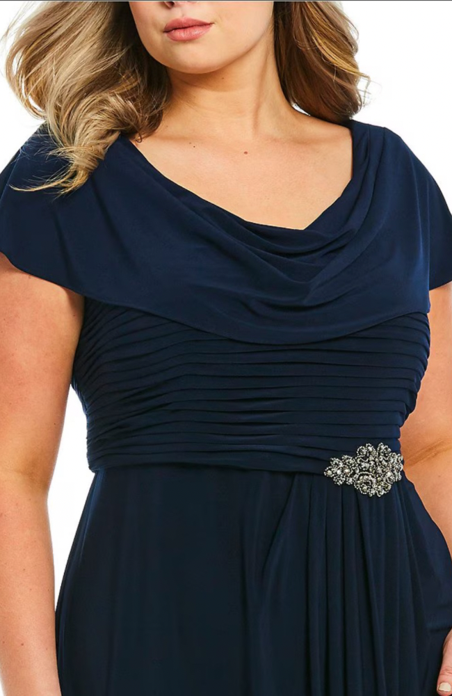 Matte Jersey Pleated Embellished Side Detail Long Gown 10 / Navy Matte Jersey Pleated Embellished Side Detail Long Gown 10 / Navy