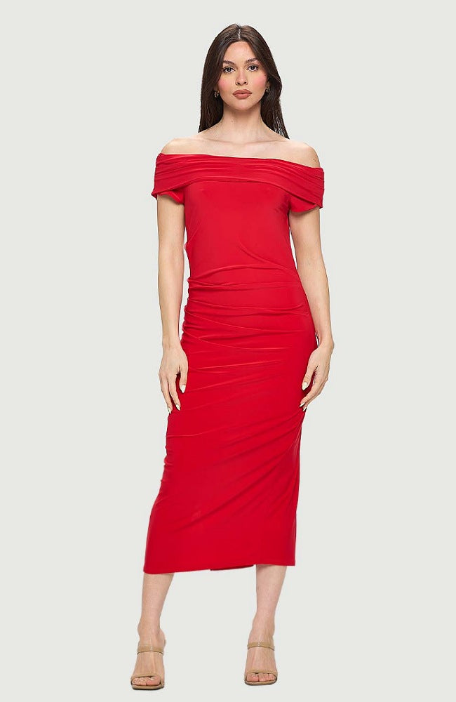 Boat Neck Maxi Dress with Side Slit-RED-L