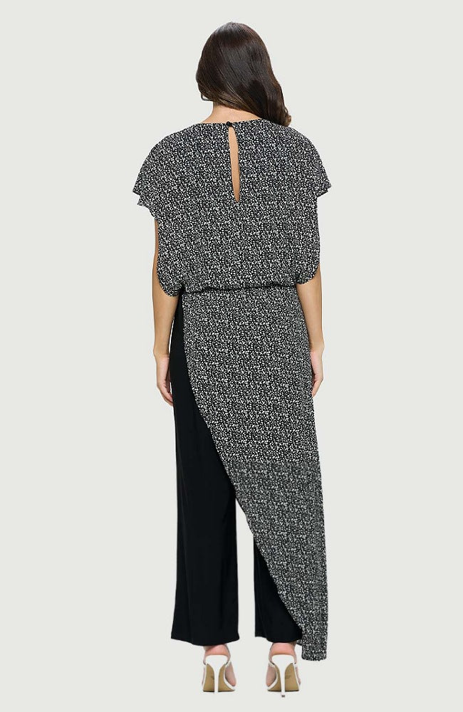 Black & White Printed Jumpsuit With Chiffon Overlay