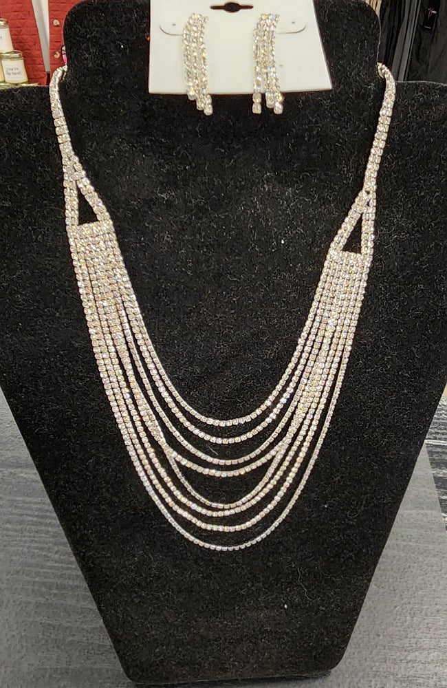 Silver 8 Layer Rhinestone Necklace & Earrings