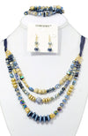 3 LAYER BLUE/GOLD BEADS NECKLACE, EARRINGS & BRACELET SET.