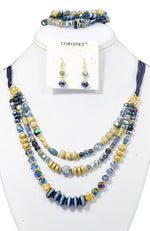 3 LAYER BLUE/GOLD BEADS NECKLACE, EARRINGS & BRACELET SET.