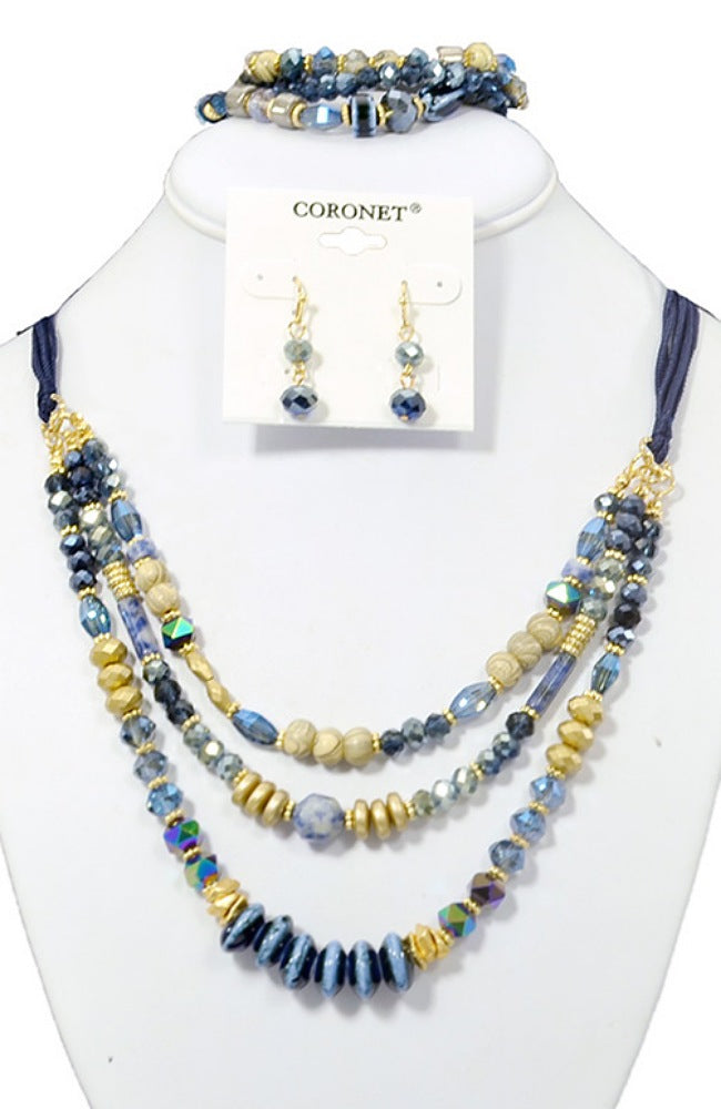 3 LAYER BLUE/GOLD BEADS NECKLACE, EARRINGS