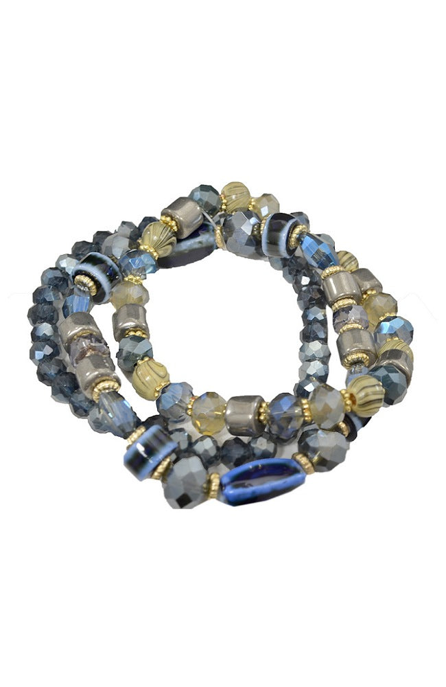 3 LAYER BLUE/GOLD BEADS NECKLACE, EARRINGS & BRACELET SET.