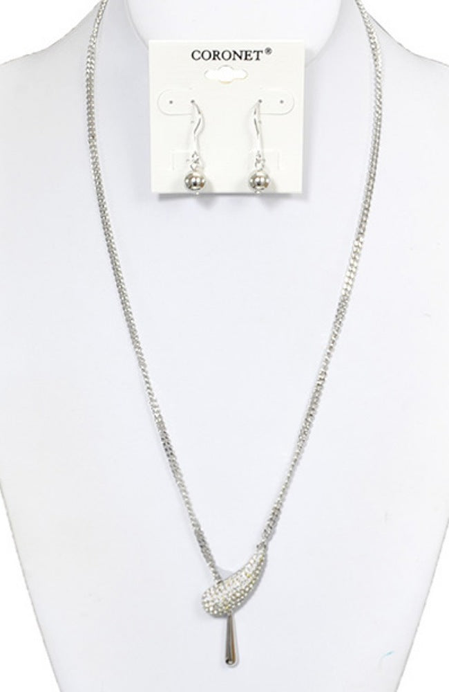 SILVER & PAVÉ BEAN CRYSTAL SLIDER NECKLACE & EARRINGS