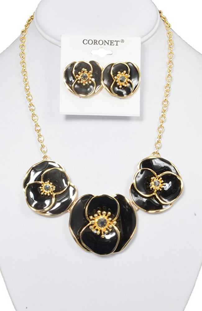 GOLD & BLACK ENAMEL DESIGNER INSPIRED FLOWER NECKLACE SET