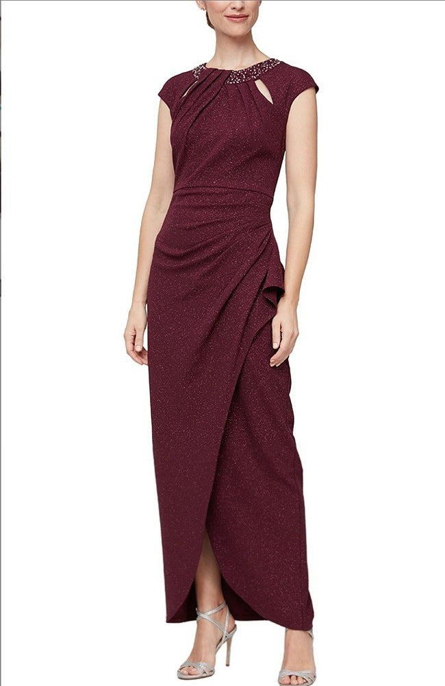 Wine Embellished Wrap Side Ruffled Gown