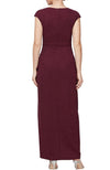 Wine Embellished Wrap Side Ruffled Gown