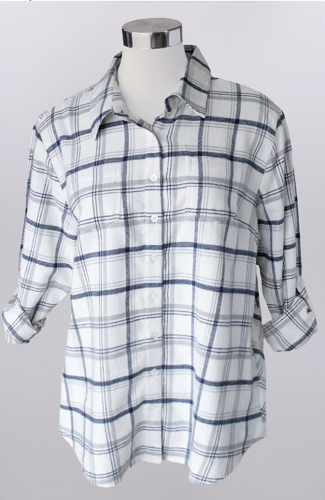 White and Blue Plaid Button Down Shirt