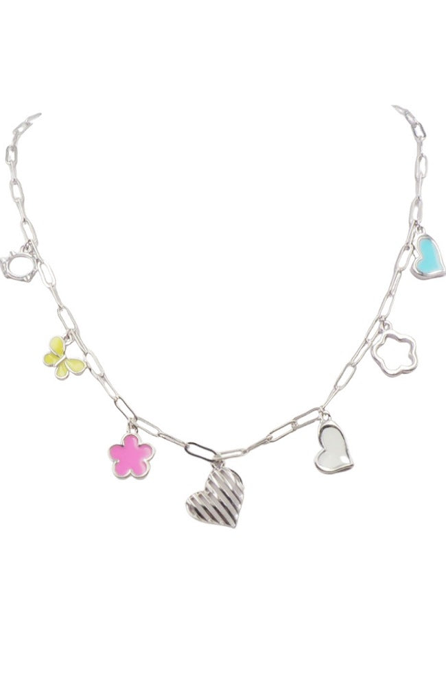 SILVER PAPERCLIP CHAIN WITH ENAMEL CHARMS NECKLACE
