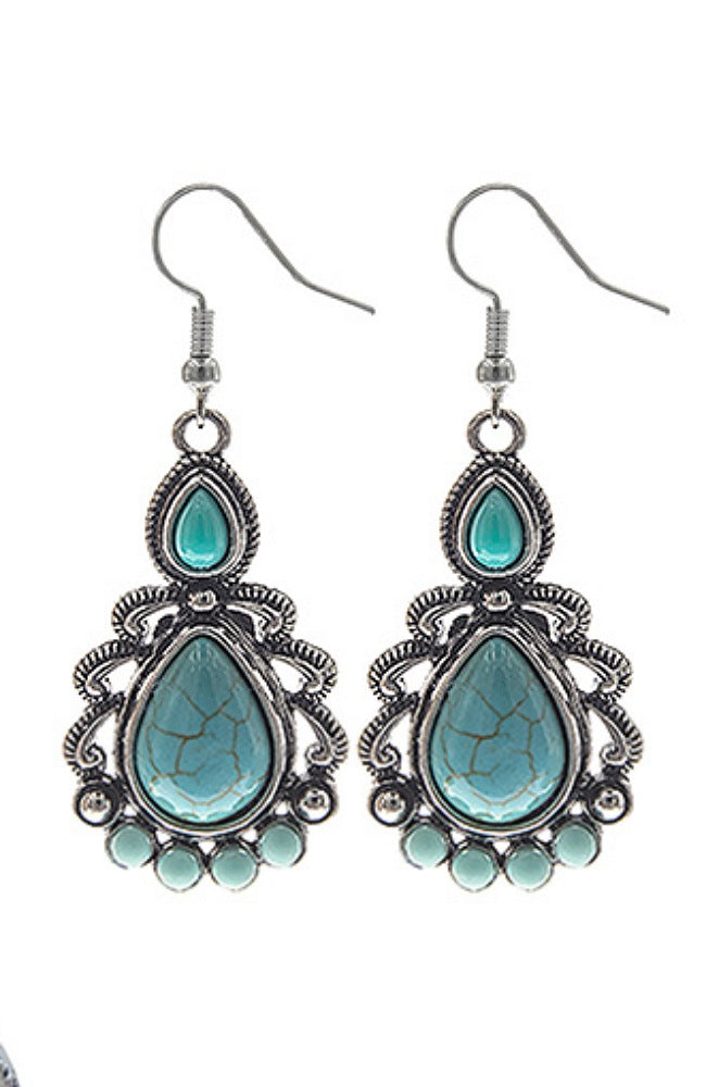 ANTIQUE SILVER FAUX TURQUOISE PIERCED EARRINGS