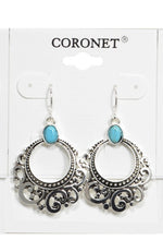 ANTIQUE SILVER W/TURQUOISE STONE PIERCED EARRINGS