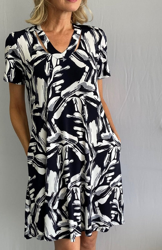 Navy and White V Neck Dress