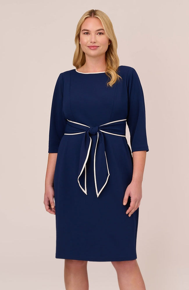 Navy Sateen Knit Crepe Tie Dress