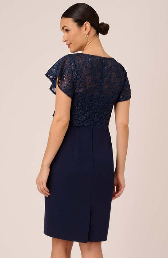 Navy Sequined Guipure Lace Popover Sheath Dress