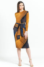 Tan Watercolor Tie Waist Pocket Midi Dress