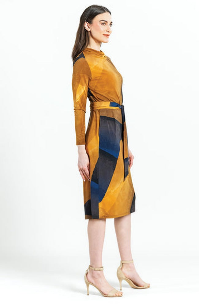 Tan Watercolor Tie Waist Pocket Midi Dress
