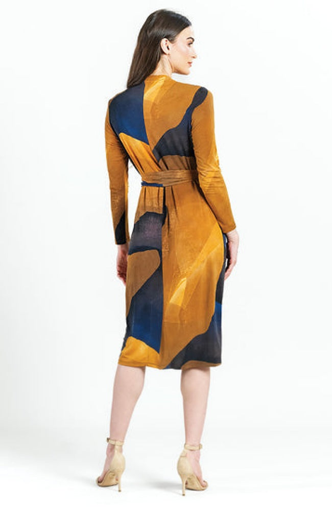Tan Watercolor Tie Waist Pocket Midi Dress