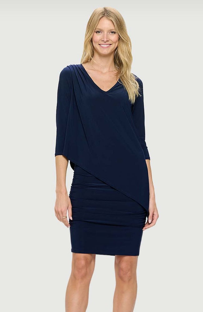 Sleeved 2 Layer V-Neck w/ Bottom Ruching Dress