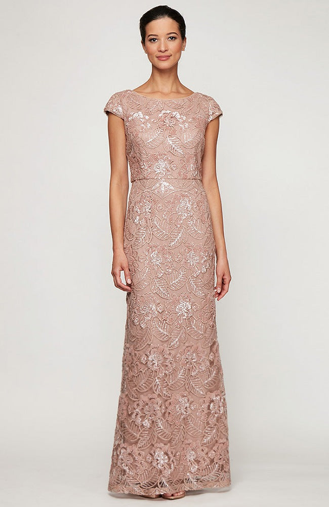 Long Embroidered Gown with Cap Sleeves & Sequin Detail