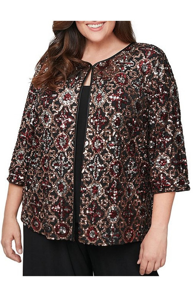Stretch Sequin 3/4 Sleeve 1-Piece Mock Twin Set Top