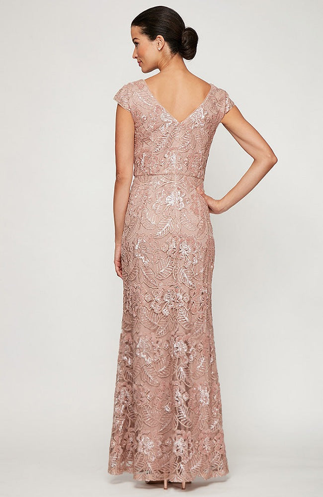 Long Embroidered Gown with Cap Sleeves & Sequin Detail