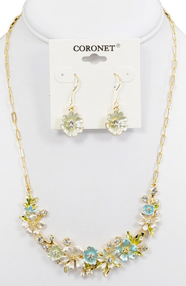 Gold Blue/Green Flowers Necklace & Earrings Set