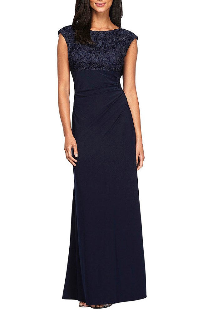 Long Empire Waist Lace and Jersey Gown