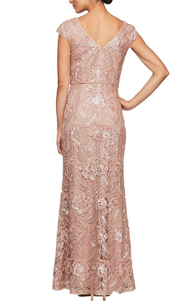 Rose Gold Long Embroidered Gown with Cap Sleeves