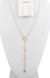 Gold with White Beads Y Necklace & Earrings