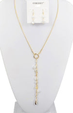 Gold with White Beads Y Necklace & Earrings