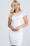 White Short Sleeve Sequin Lace and Scuba Crepe Dress