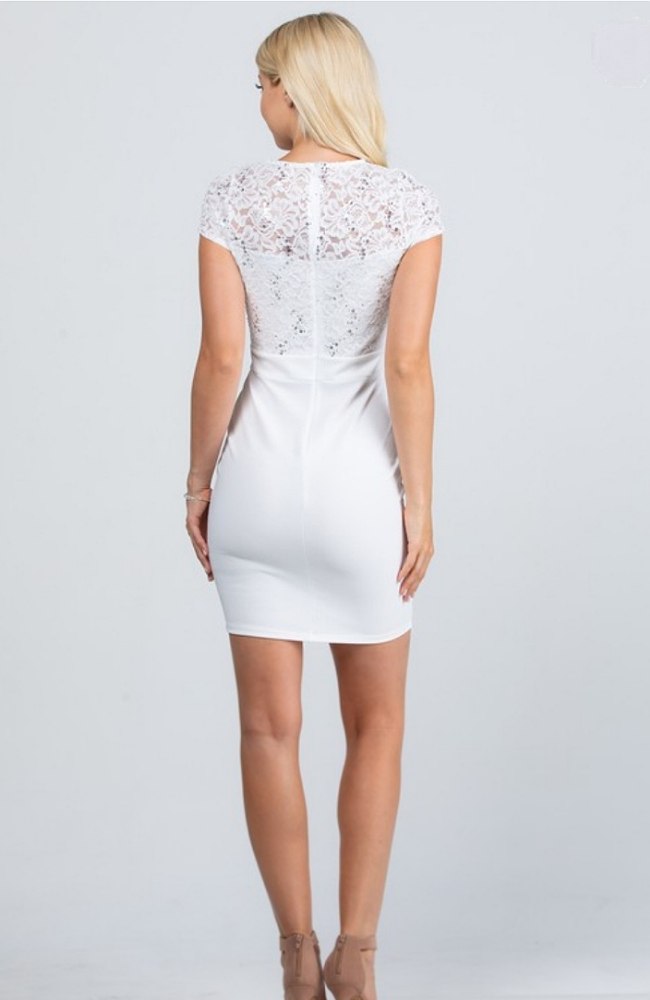 White Short Sleeve Sequin Lace and Scuba Crepe Dress