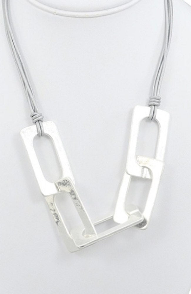 Metal Linked Rectangle on Grey Cord Necklace