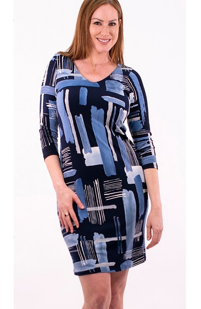 Abstract Blue Painted V-Neck Dress
