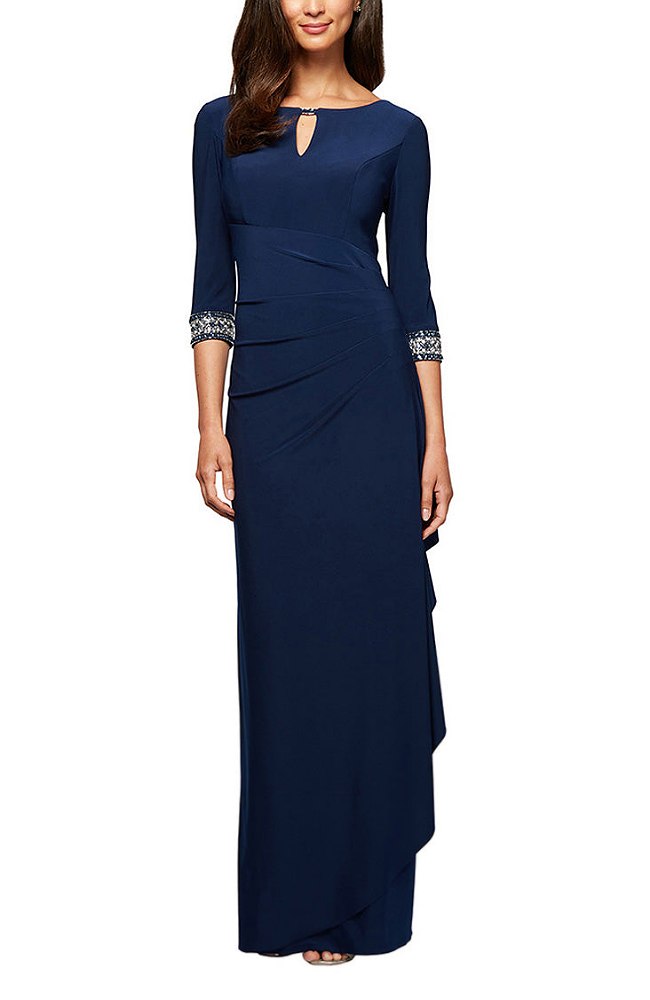Round Keyhole Neck Ruched Embellished Cuff Gown