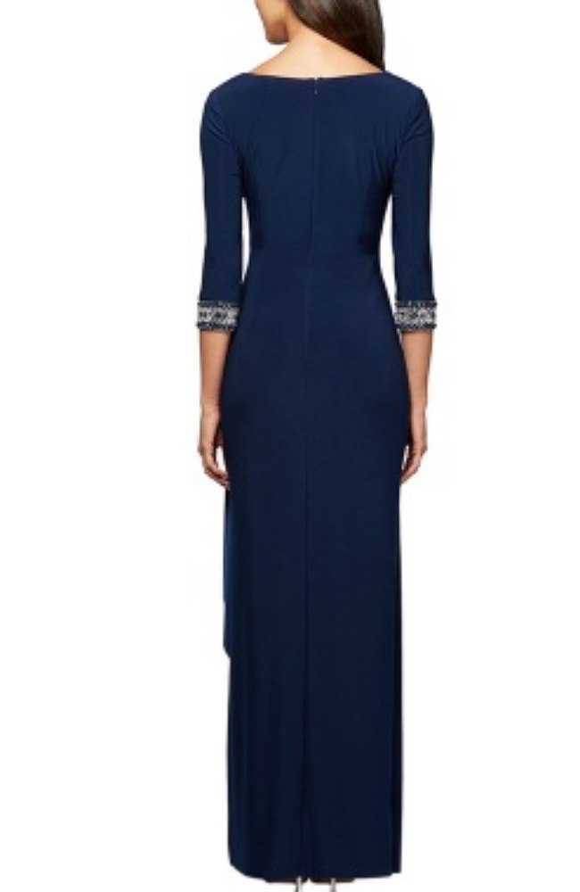 Round Keyhole Neck Ruched Embellished Cuff Gown