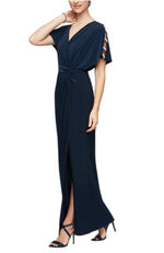 Navy Jersey Knit Knot Embellished Surplice V-Neck Gown