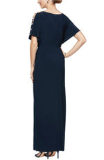 Navy Jersey Knit Knot Embellished Surplice V-Neck Gown