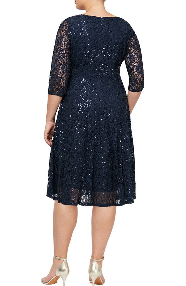 Navy Sleeved Sweetheart Neck Sequin Lace Dress