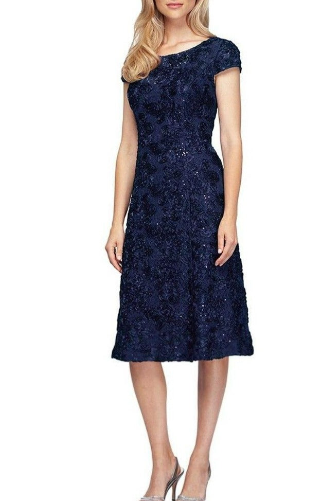 Navy Cap Sleeve Rosette Lace Dress