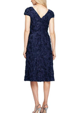 Navy Cap Sleeve Rosette Lace Dress