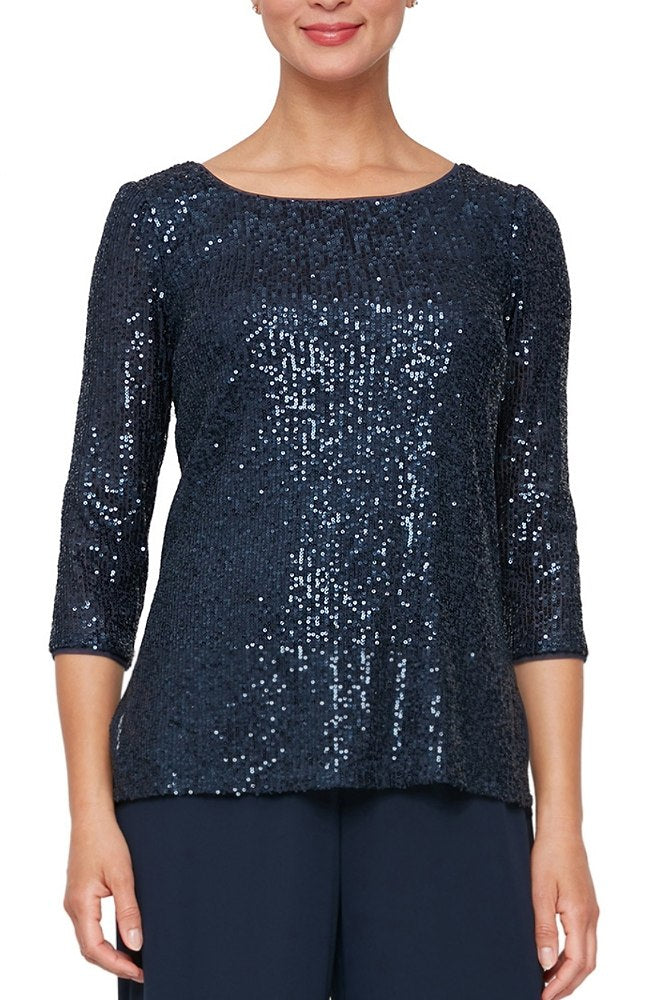 Navy Sequin 3/4 Sleeve Blouse with Side Slit Detail