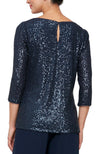 Navy Sequin 3/4 Sleeve Blouse with Side Slit Detail