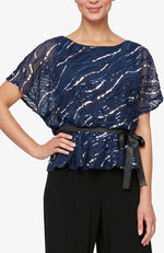 Navy Short Sleeve Blouson Blouse with Tie Belt