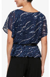 Navy Short Sleeve Blouson Blouse with Tie Belt