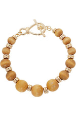 WOOD & GOLD BEADS STRETCH W/TOGGLE BRACELET