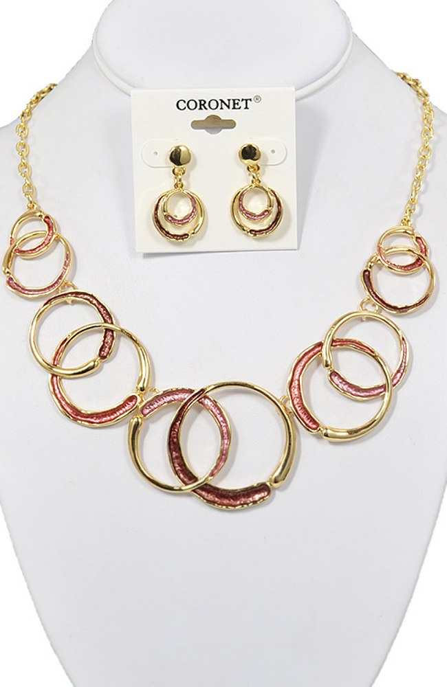 GOLD WITH BURGUNDY/RED ENAMEL CIRCLES NECKLACE SET